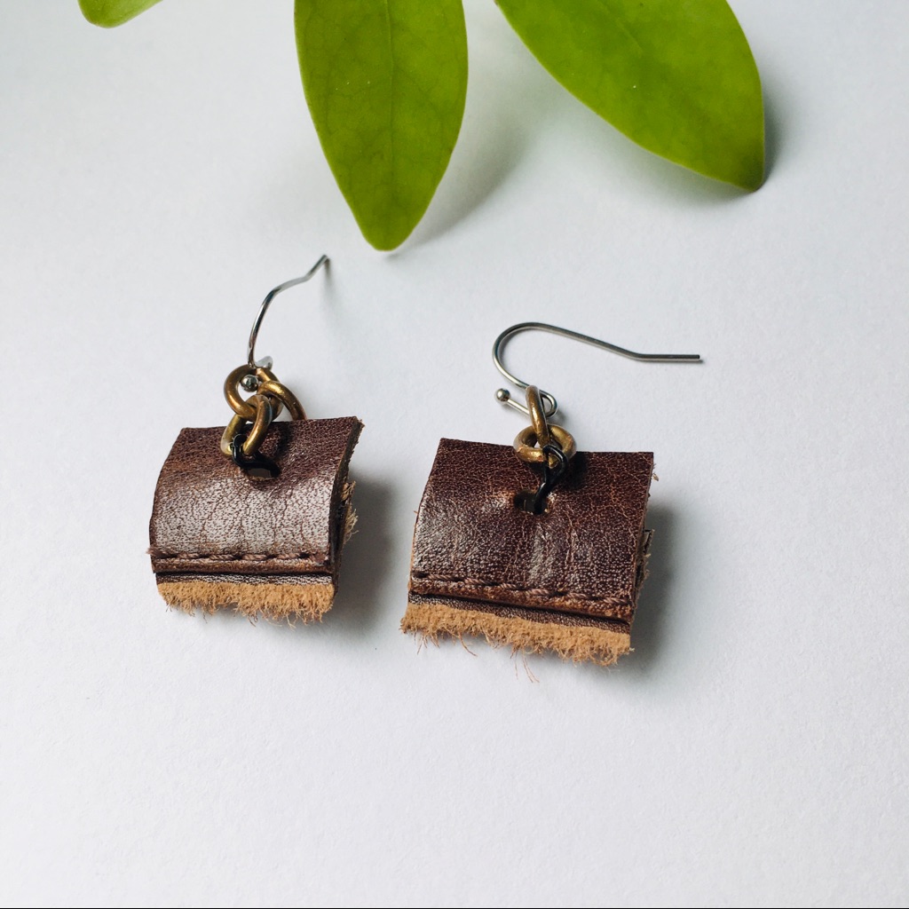 Small Cowhide Square Pendant Drop Earrings
